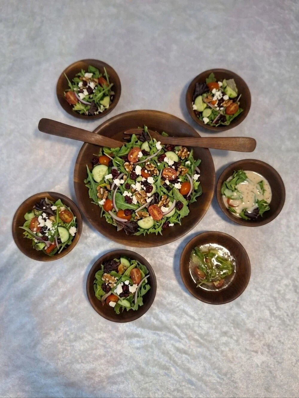 Vintage Vermilion Real Black Walnut 60's Nine piece salad serving bowls